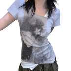 Stitching Fake Two-piece Personality Portrait Printing Short Sleeve