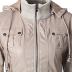 Hooded drawstring high neck zipper PU leather jacket