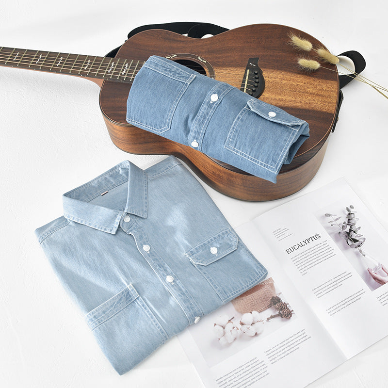 Denim Shirt Men's Short-sleeved Pure Cotton Washed Japanese Retro Youth Short-sleeved