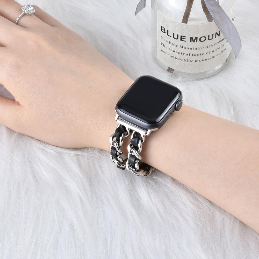 Compatible with Apple, Strap Cuban Link Bracelet IWatch Leather  Metal Strap
