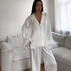 Stitching Design Feather Long Sleeve Lapel Top Casual Trousers Two-piece Set