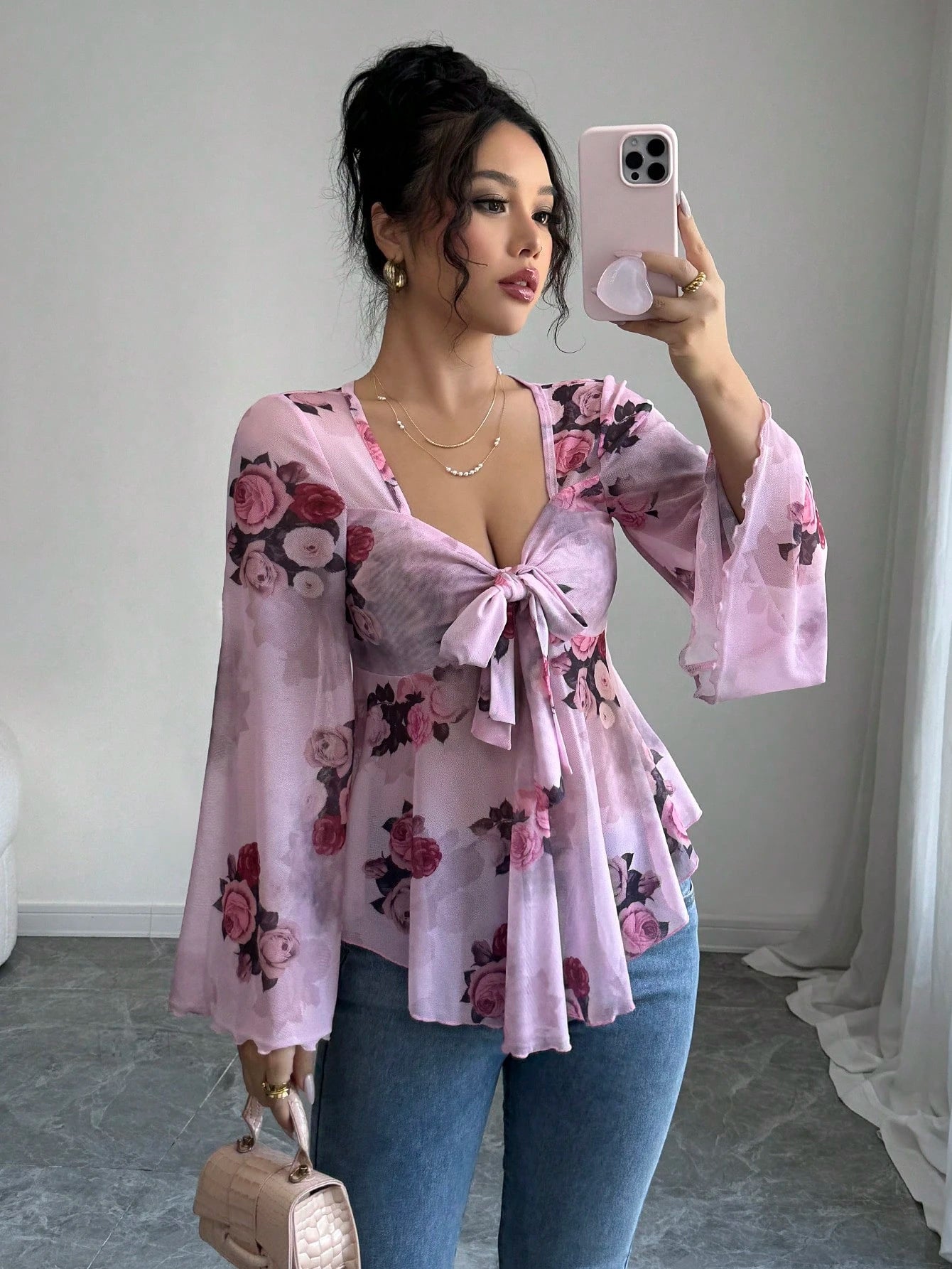European And American Design Sense French Sweet Flower Blooming Lace-up Square Collar Long Sleeve Shirt