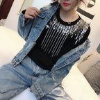 Sequin Rhinestones Tassel Women's Short Sleeve Spring And Summer New