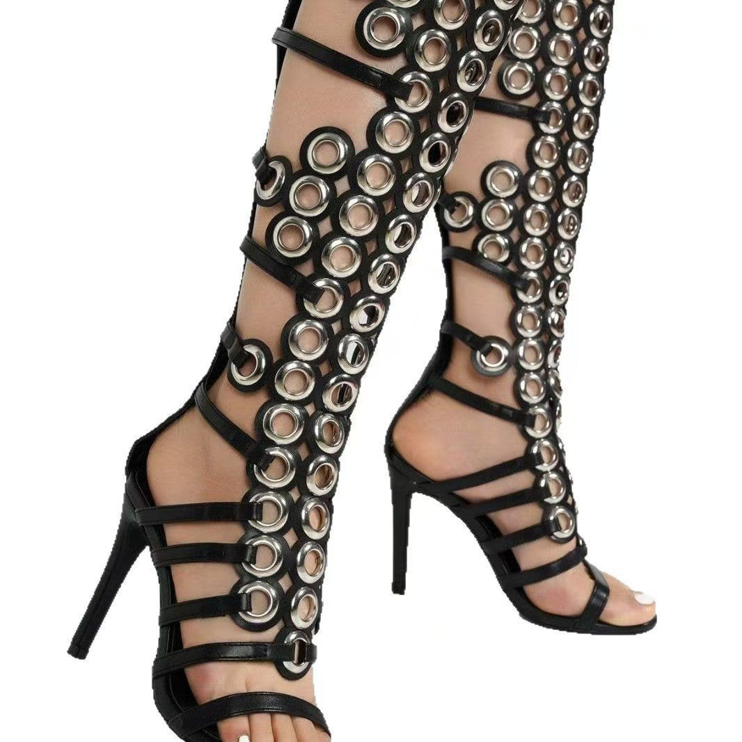 European And American Metal Large Fish-eye Hollow Stiletto Heel Open Toe Sandals