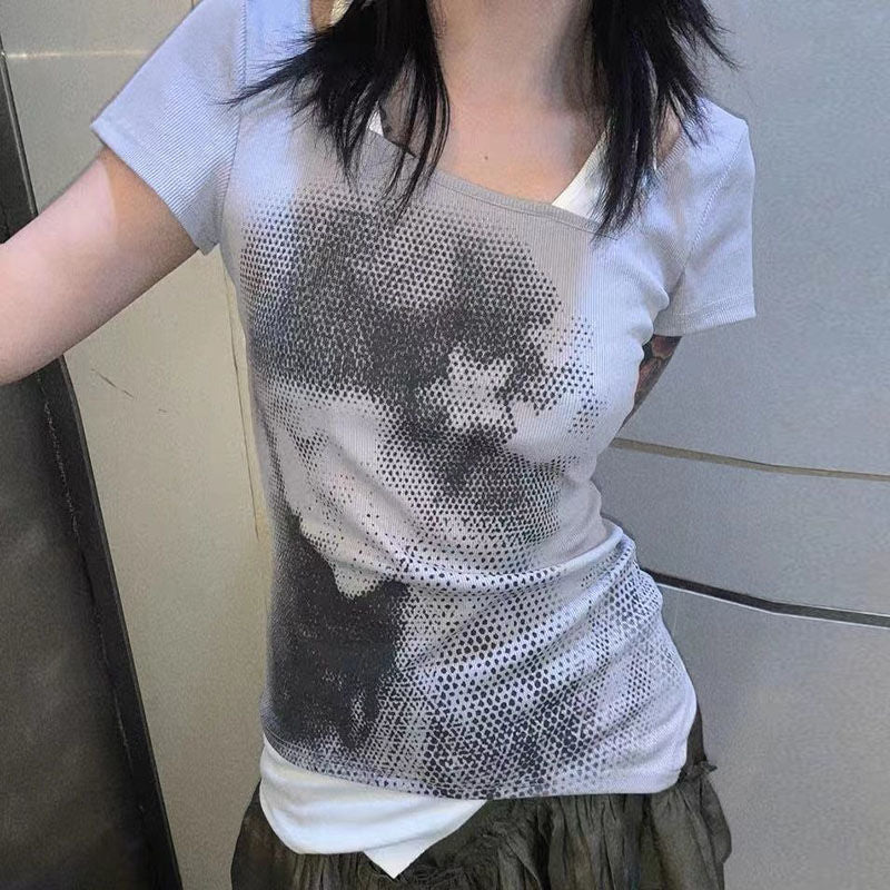 Stitching Fake Two-piece Personality Portrait Printing Short Sleeve