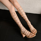 Nude High Heels Women's Summer Open Toed Hollow Thin High Tube Sandal Boots