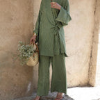 Casual Striped Cross Design Lace-up Long Sleeve Top Wide Leg Pants Two-piece Set