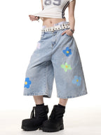 American Vintage Small Flower Loose Straight-leg Denim Cropped Pants For Women