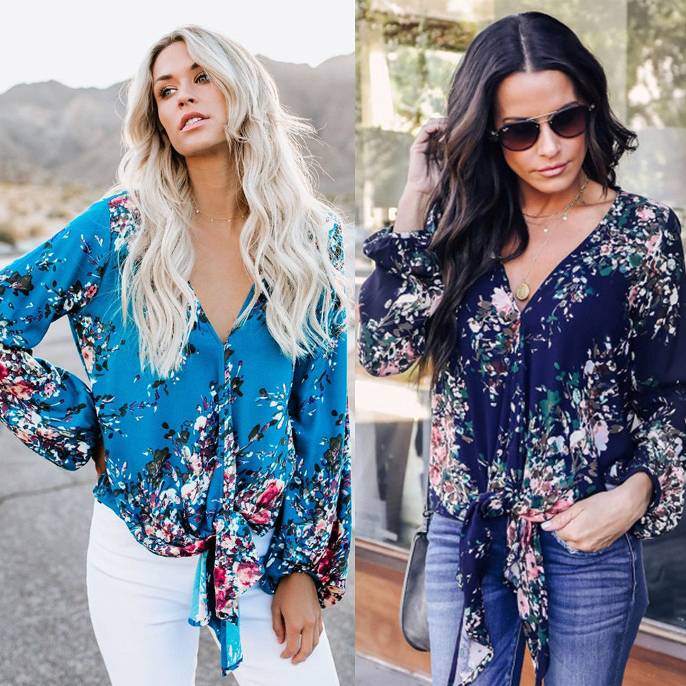 Fashion Shirt V-neck Long Sleeve Knotted Vintage Print Top For Women