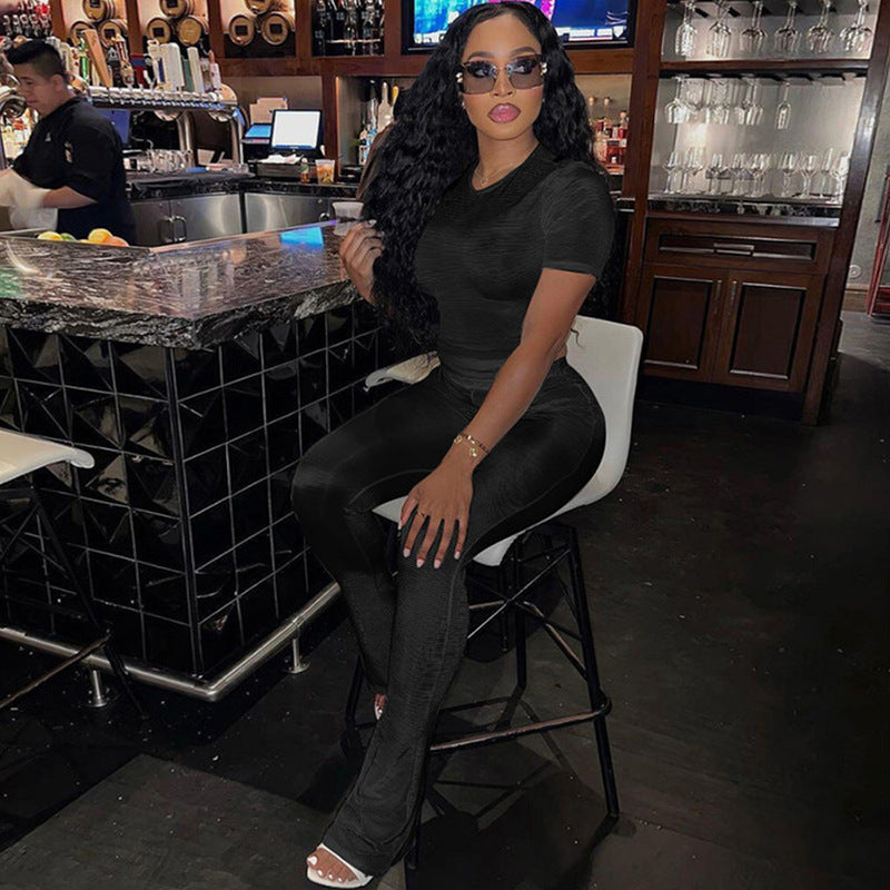 Cross-border European And American Foreign Trade 2024 Fall Women's Clothing New Slim Fit Figure Flattering Short Sleeve Top High Waist Casual Trousers Suit