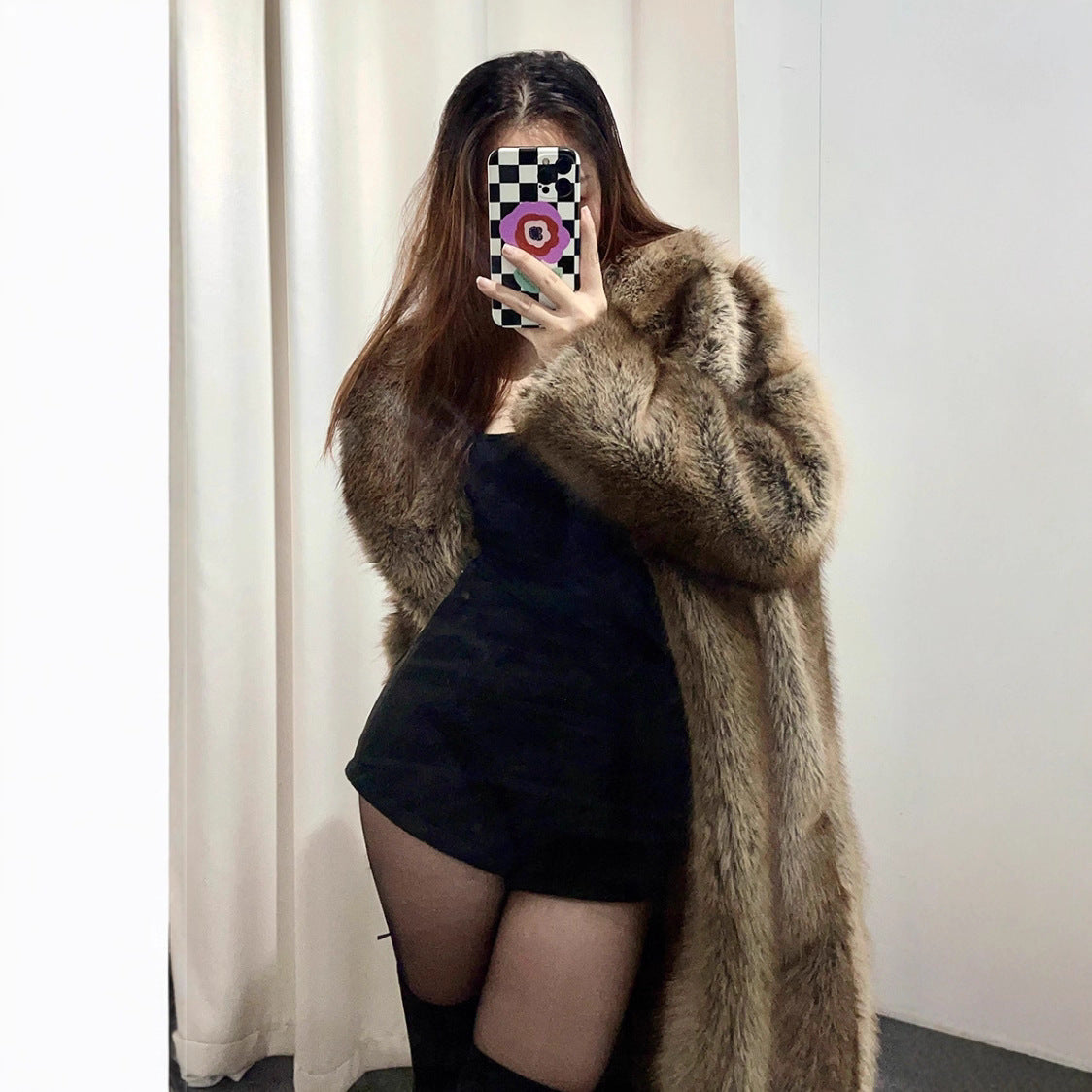 Extended Green Collar Fashion Fox Fur Fur Coat